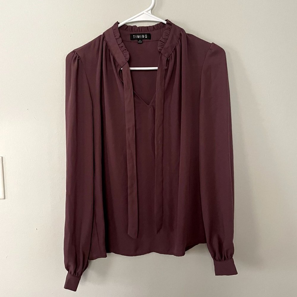 Timing purple maroon frilled neckline blouse sleeves tie neckline button sleeve